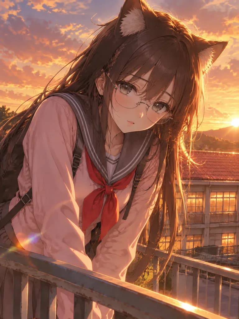 夕陽屋頂上的動漫貓耳少女