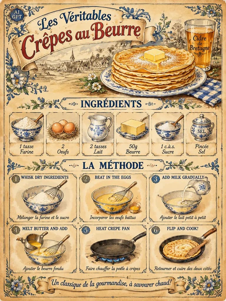 Vintage French Butter Crepe Recipe Poster