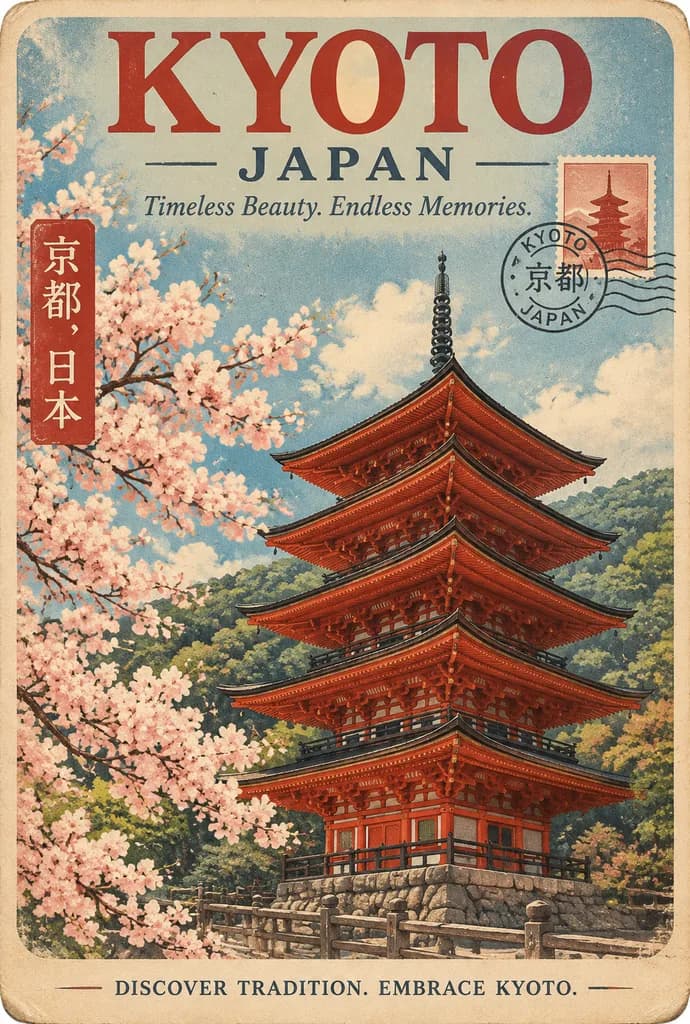 ミッドセンチュリー風ヴィンテージ京都旅行ポスター