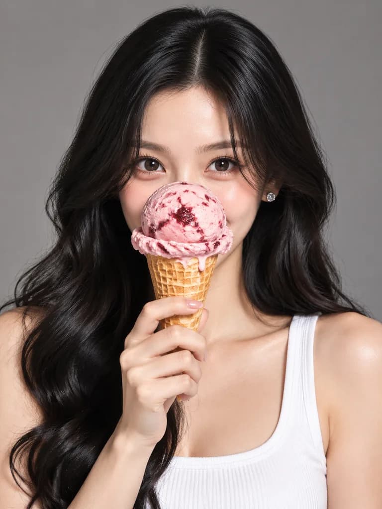 ストロベリーアイスを持つスタジオポートレート