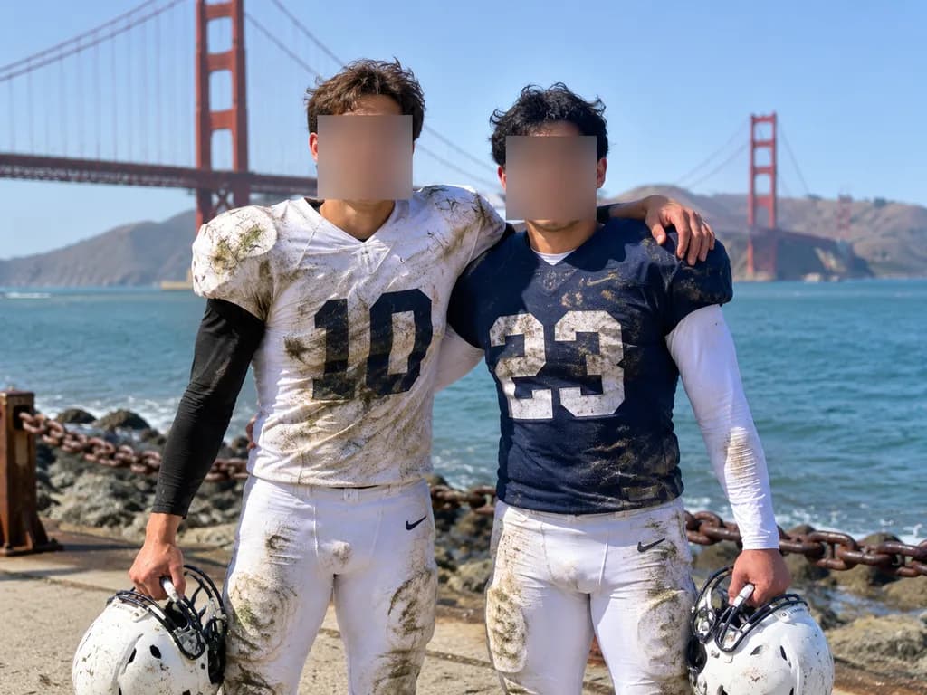Football Players Posing at Golden Gate Bridge