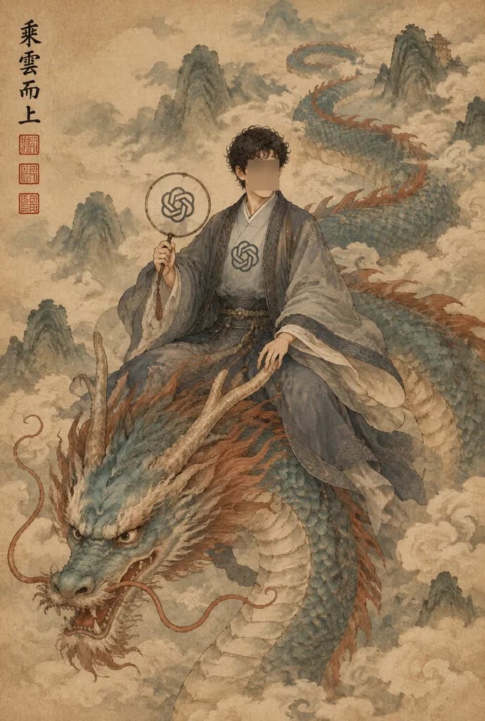 騎龍文人 古典中国掛け軸風イラスト