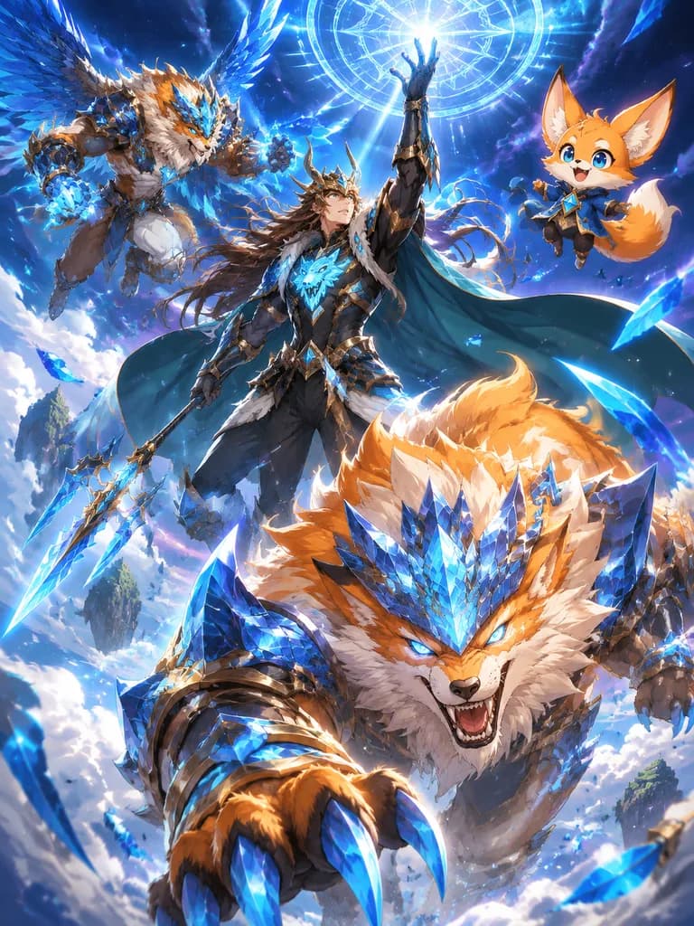 Celestial Anime Warrior with Crystal Wolves