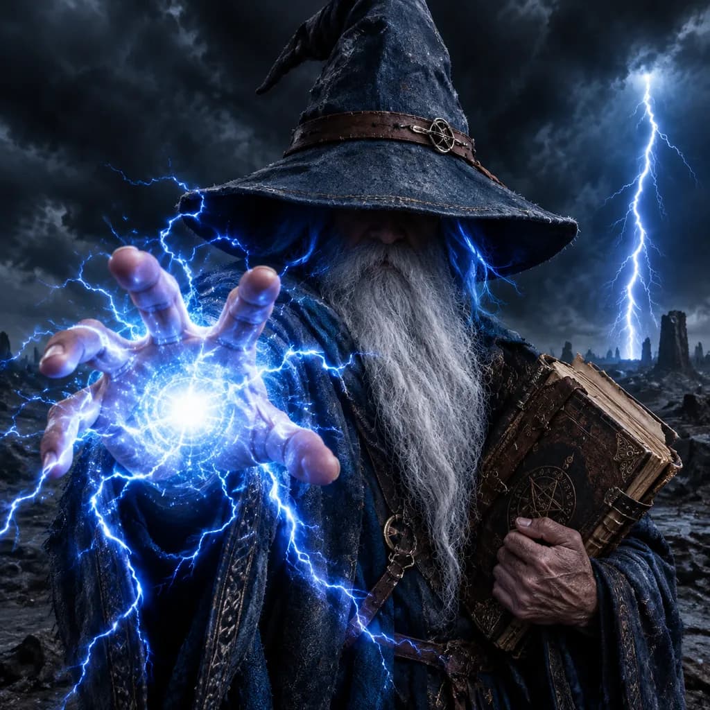 Storm Wizard Conjuring Lightning Spell