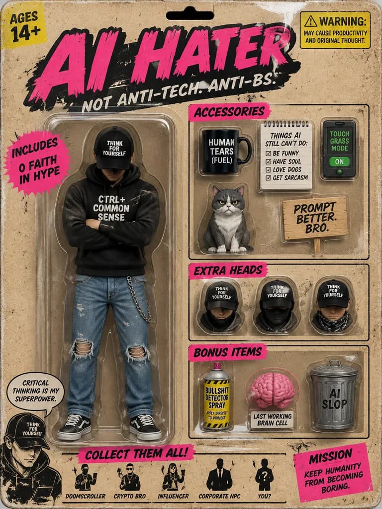 風刺的なテック批評家フィギュアのブリスターパック