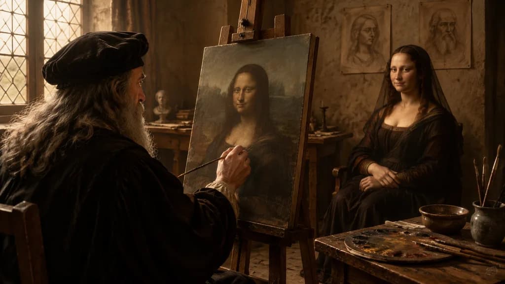 Leonardo Painting the Mona Lisa in Studio