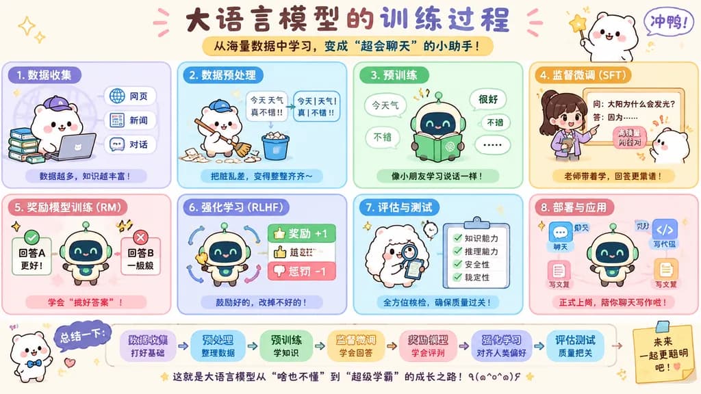 可愛いLLM学習ステップ解説インフォグラフィック