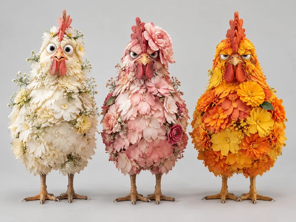 Trio of Expressive Floral Chickens