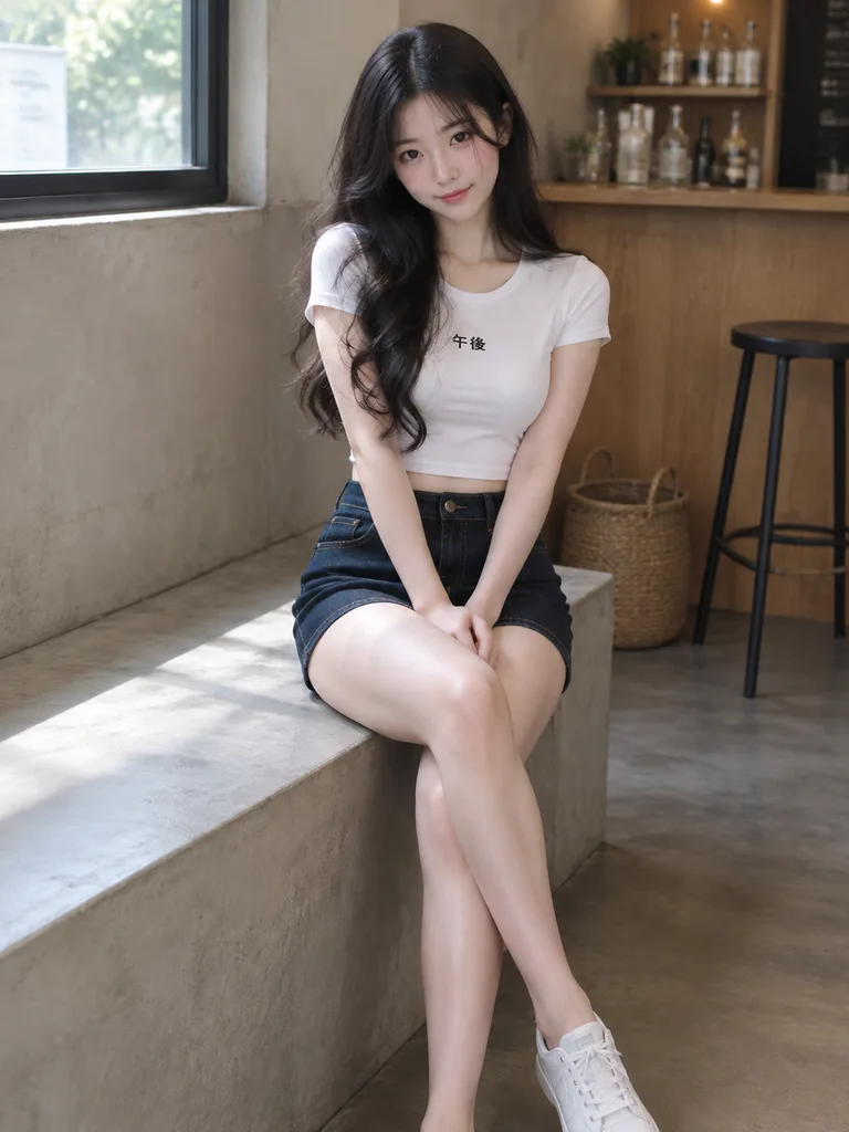 East Asian Woman in Minimalist Cafe