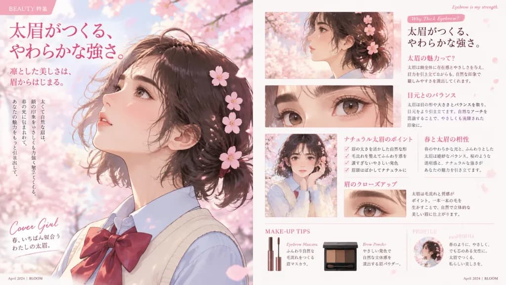 アニメ風美容雑誌見開きエディトリアル特集