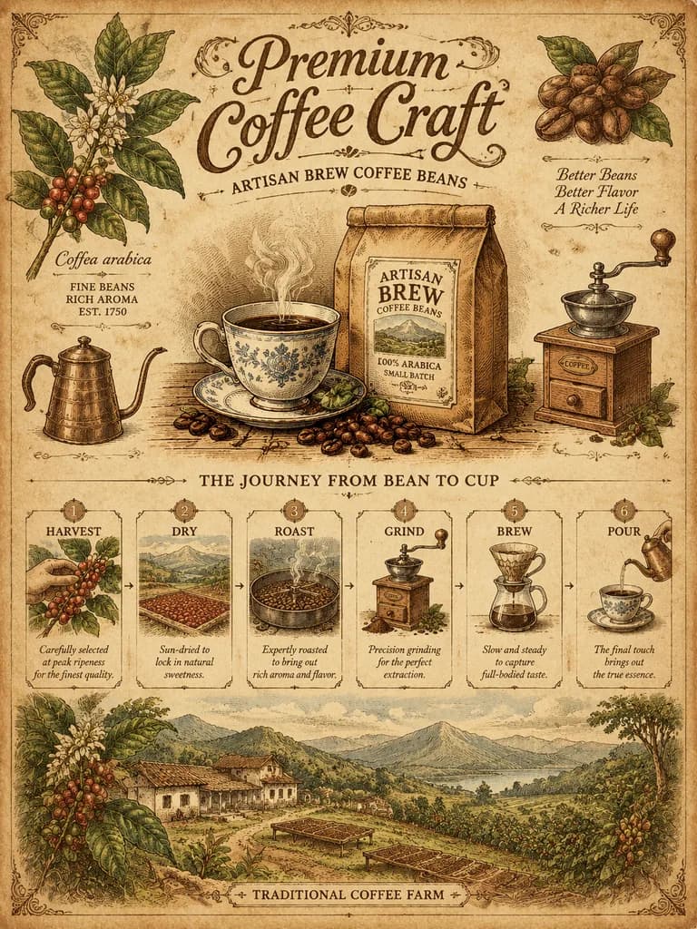 ヴィンテージ植物画風コーヒークラフト案内図