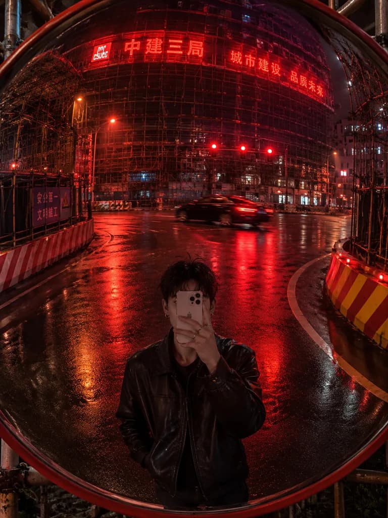 カーブミラー越しの夜景ストリート自撮り