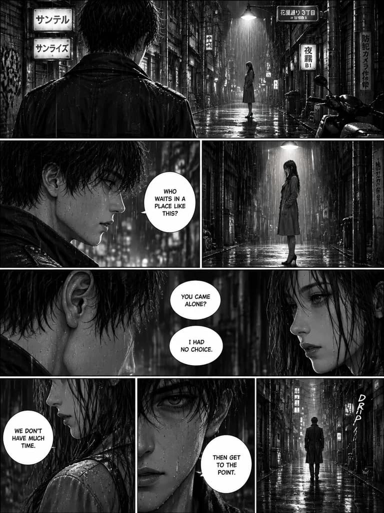 Neo-Noir Manga Page in Rainy Alley