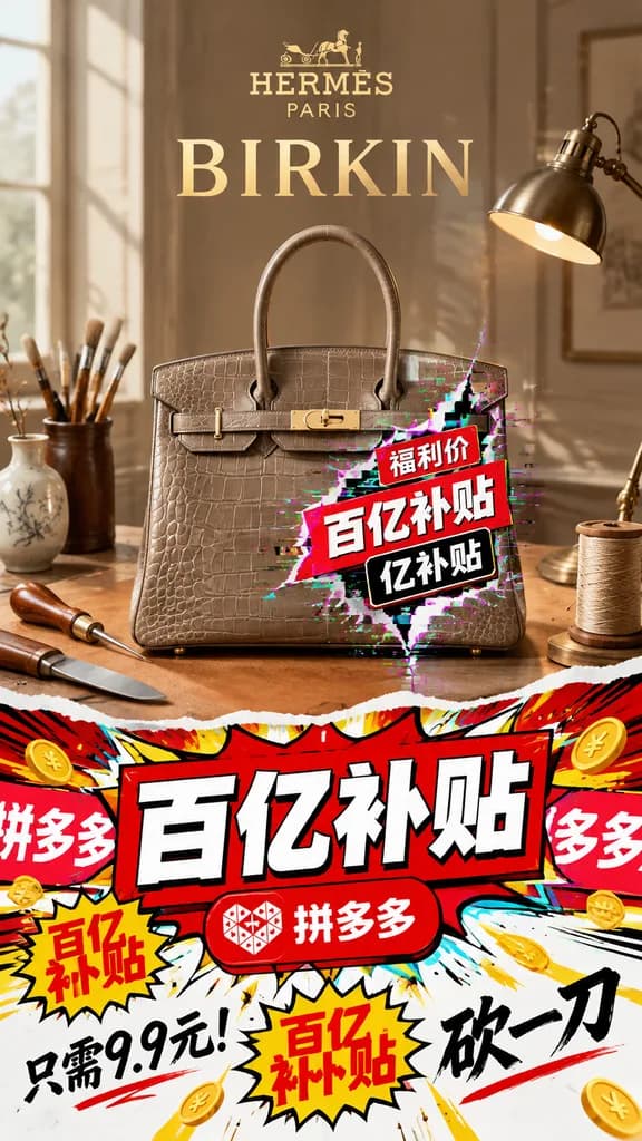 Luxury Handbag Meets E-Commerce Bargain Chaos Poster