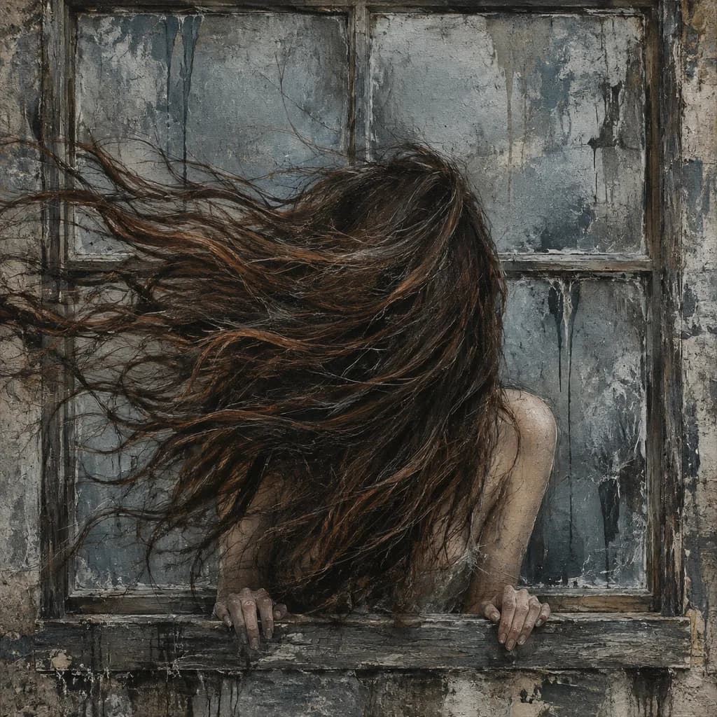 Windblown Woman at a Weathered Window