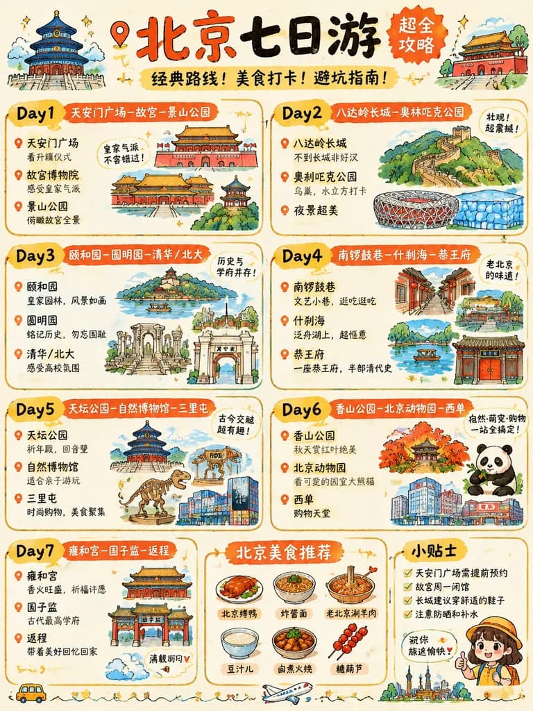 Illustrated Beijing Travel Itinerary Poster