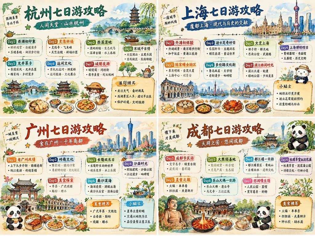 Illustrated Four-City Chinese Travel Itinerary Infographic