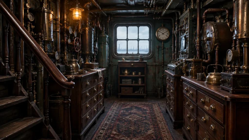 Victorian Steampunk Ship Engine Room Interior