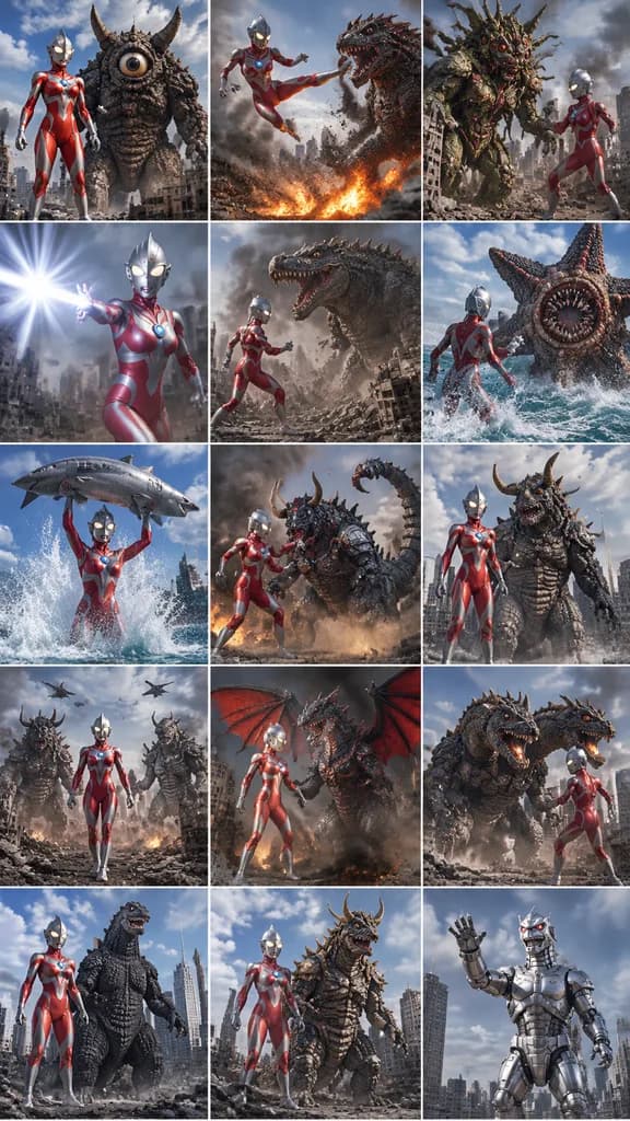 Montaje Conceptual de Batalla Kaiju y Heroína Tokusatsu