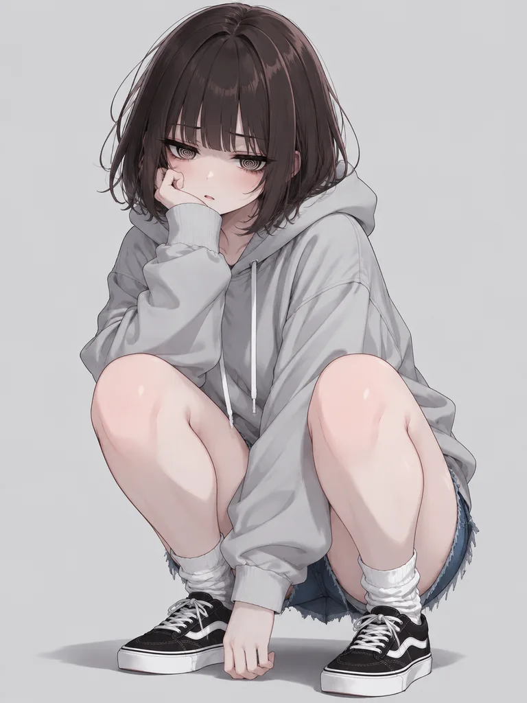 穿寬鬆連帽衫的憂鬱動漫少女