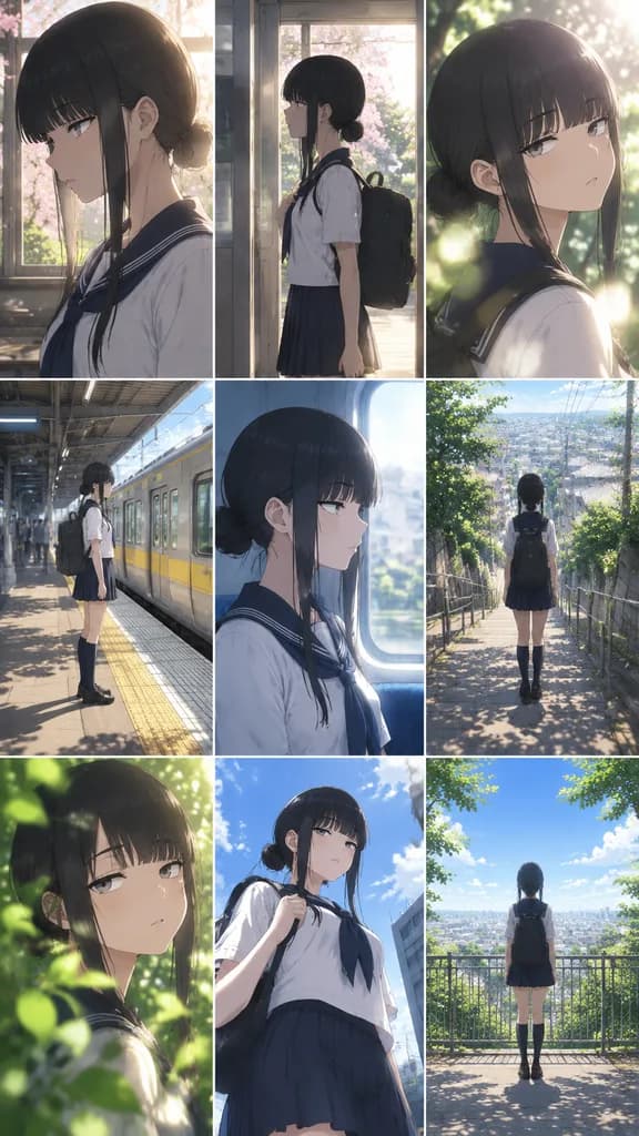 アニメ通学風景の9コマ絵コンテ風コラージュ