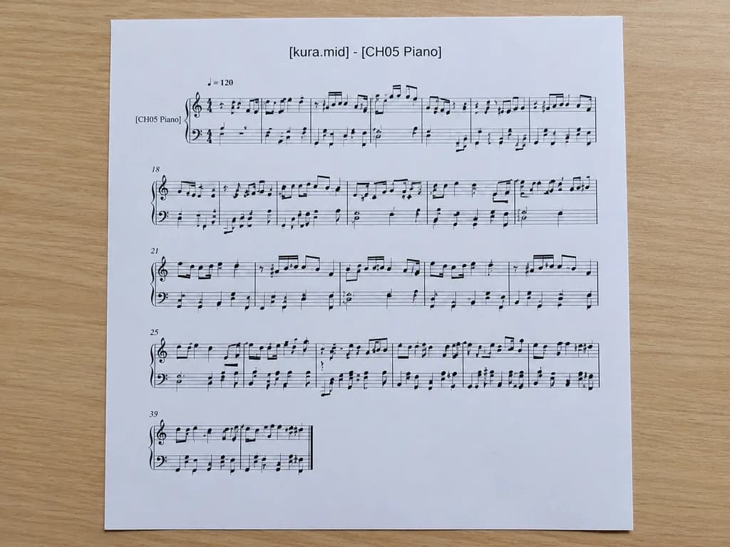 Printed MIDI Piano Score on Desk