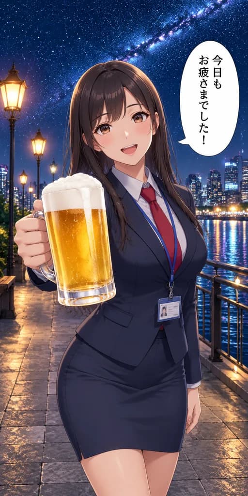 Anime Office Lady Raising Beer Toast