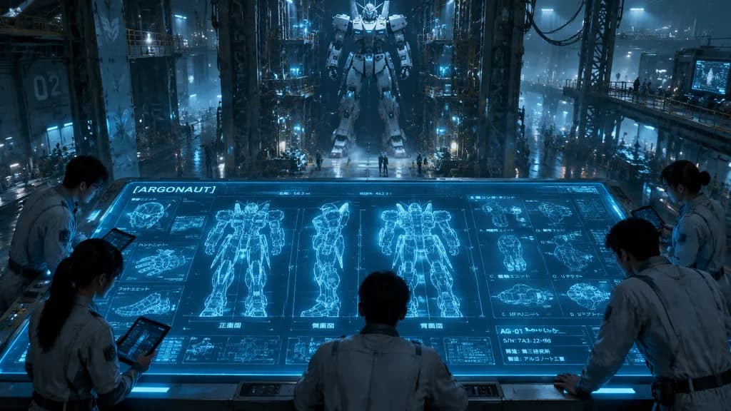Holographic Mech Blueprint in Industrial Hangar