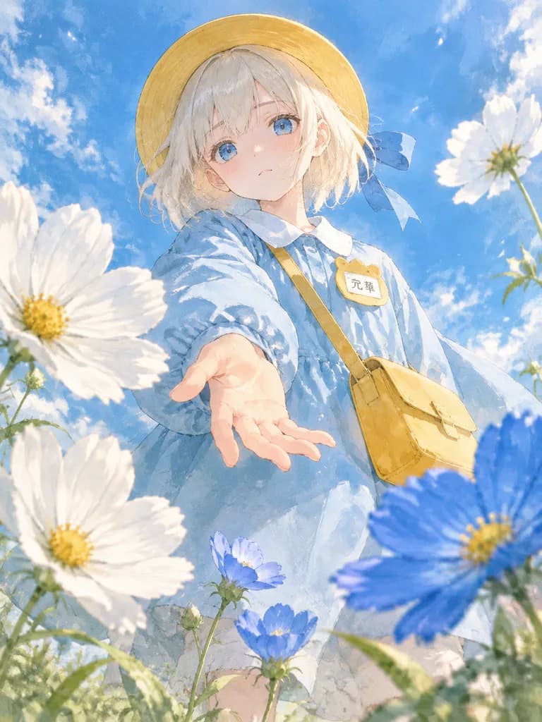 花丛中伸手的小学女生动漫插画