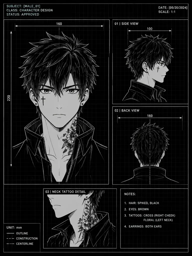 Anime Character Technical Blueprint Sheet