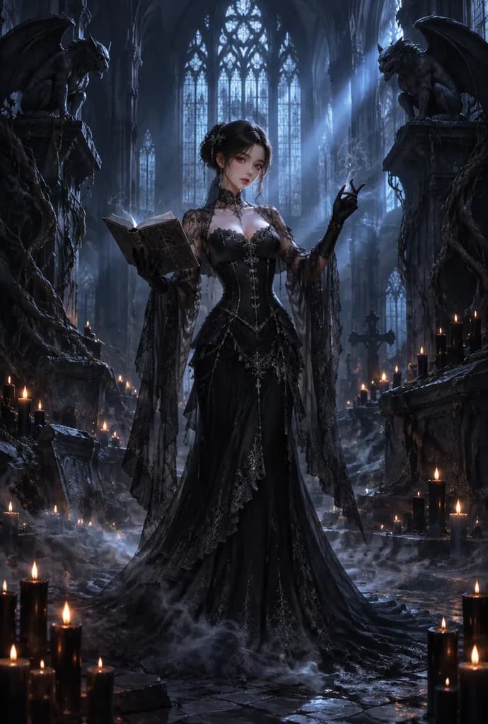 Gothic Sorceress in Ruined Cathedral