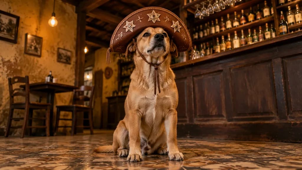 革帽子をかぶった酒場の犬