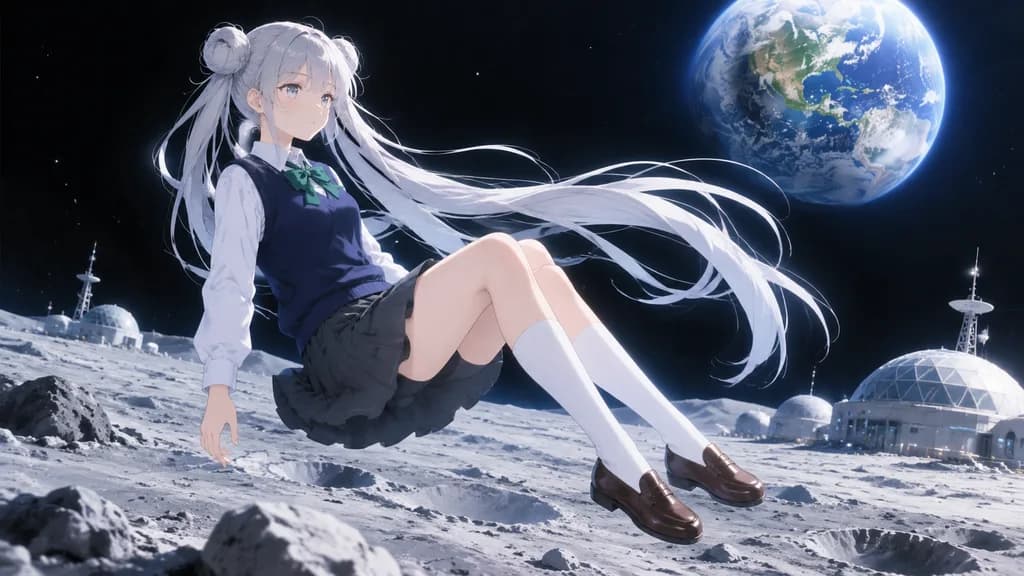 月球上漂浮的動漫女學生