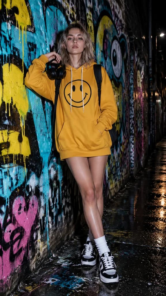 Streetwear Hoodie Portrait Against Graffiti Wall