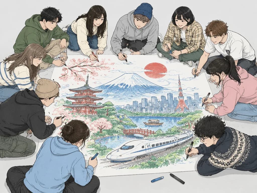 Creative Team Drawing a Japan Travel Poster