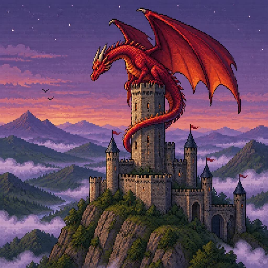 Pixel Art Red Dragon Castle