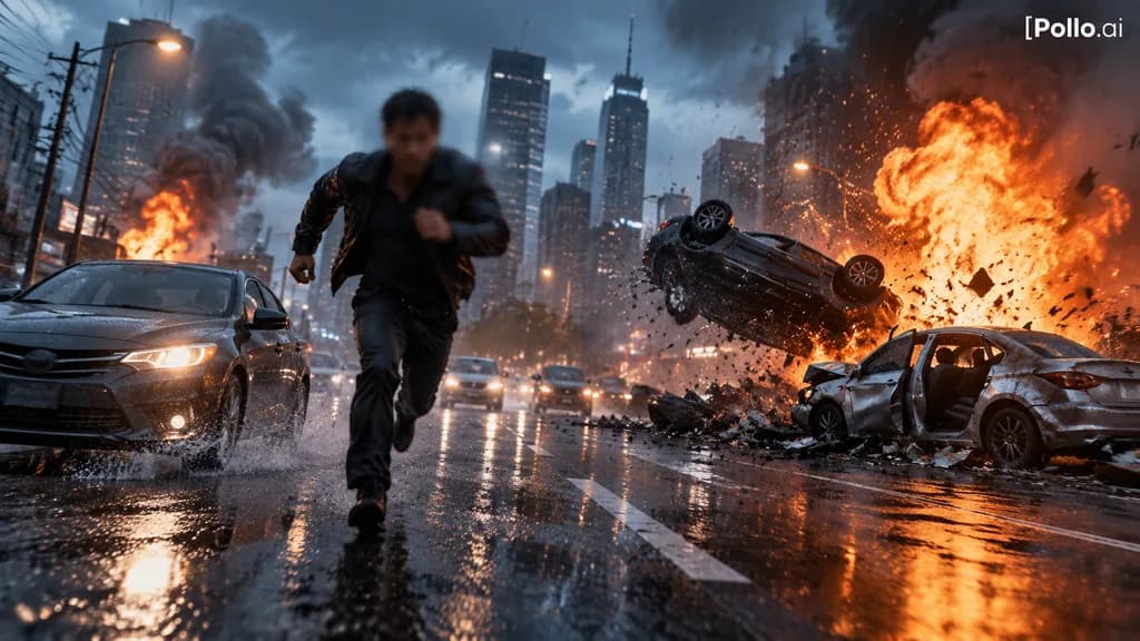 Cinematic Urban Car Crash and Explosion