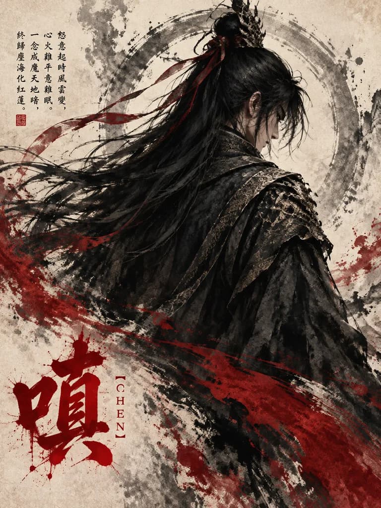 Chinese Ink Wash Warrior Character Poster