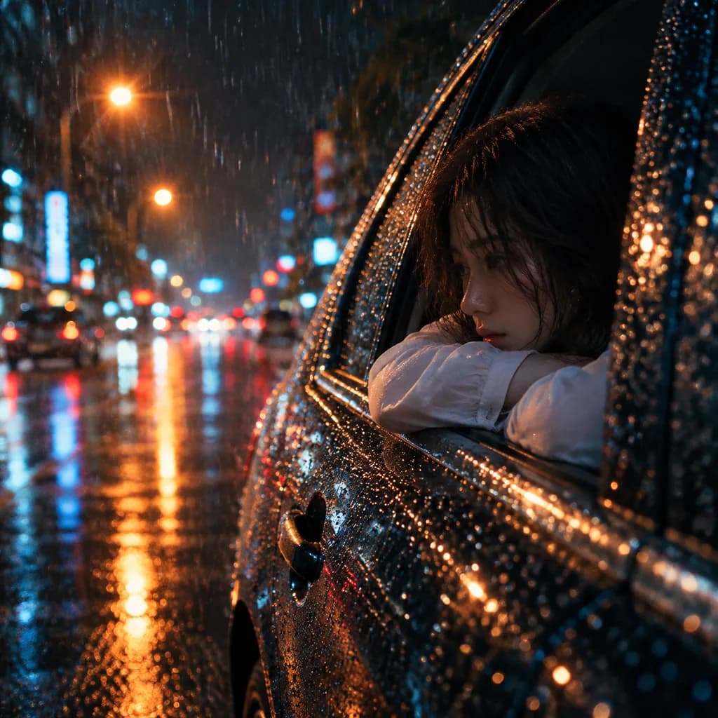 雨夜车窗旁的忧郁女子