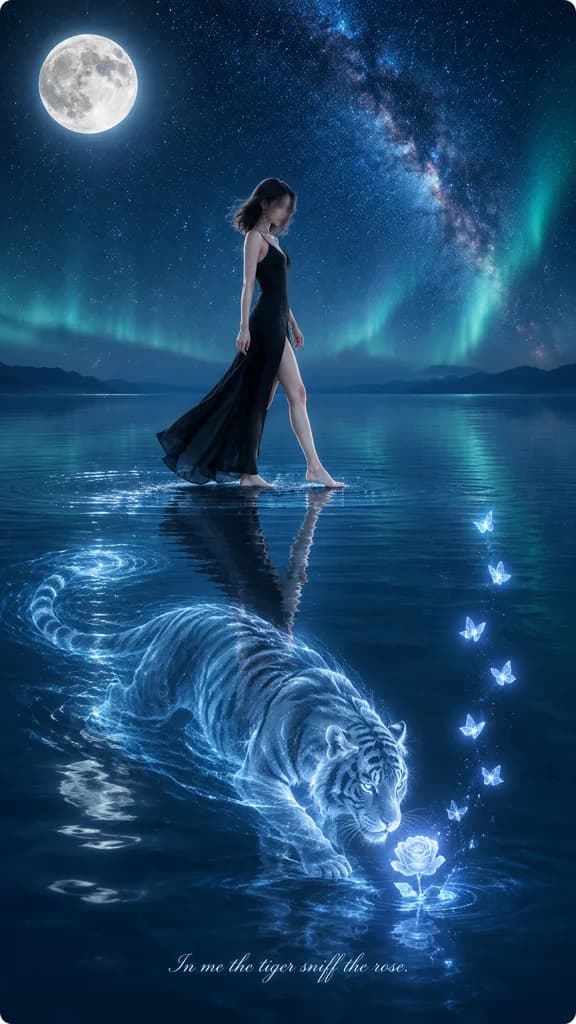 Woman on Water with Glowing Tiger Reflection