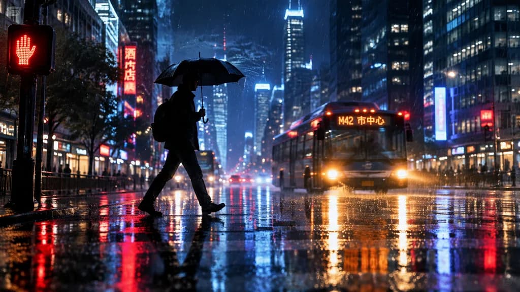 雨夜都市街头过马路