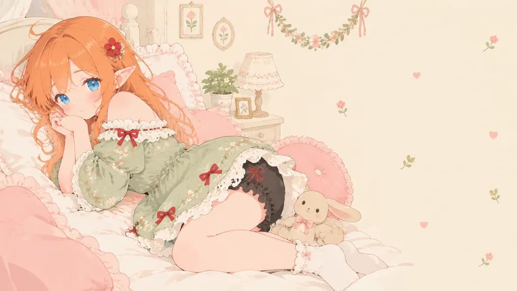 Pastel Flat-Color Elf Girl Bedroom Illustration