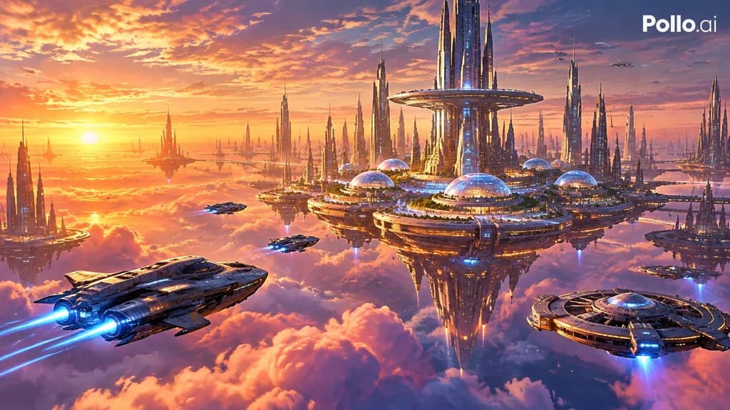 Floating Sci-Fi Megacity at Sunset