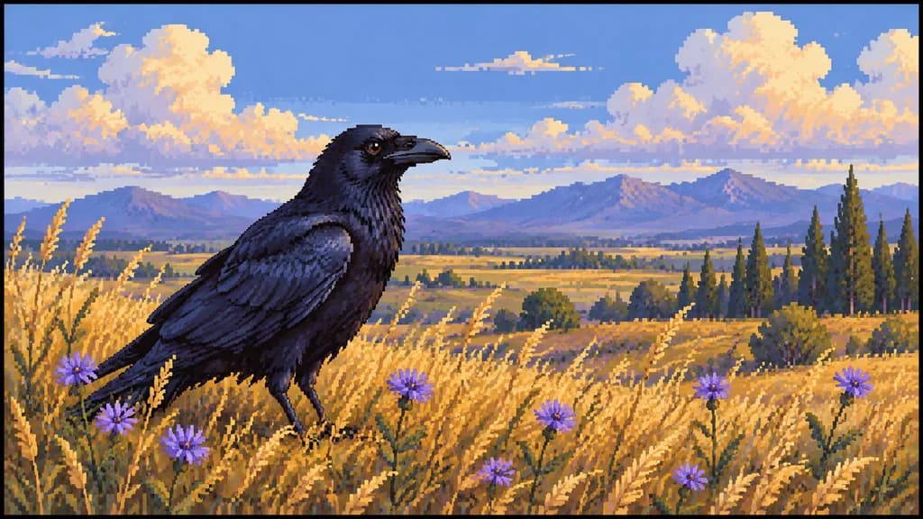 Faux Pixel Raven in Wheat Field