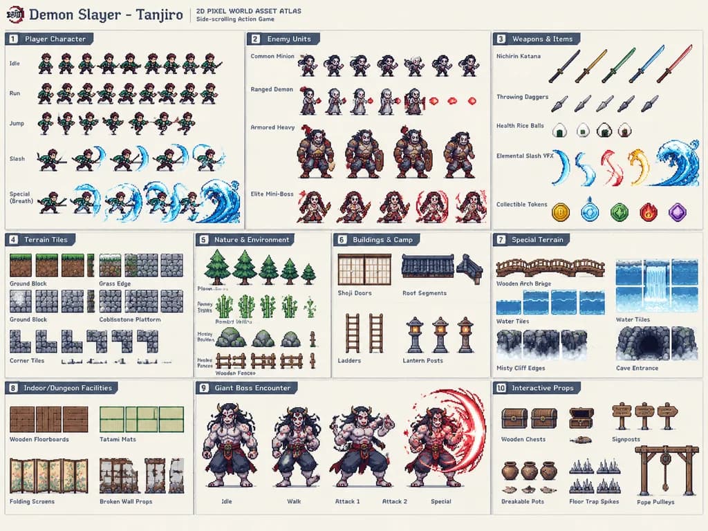 Atlas de recursos para jogos em pixel art retrô