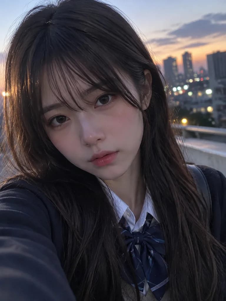 Melancholic Japanese Student Dusk Selfie