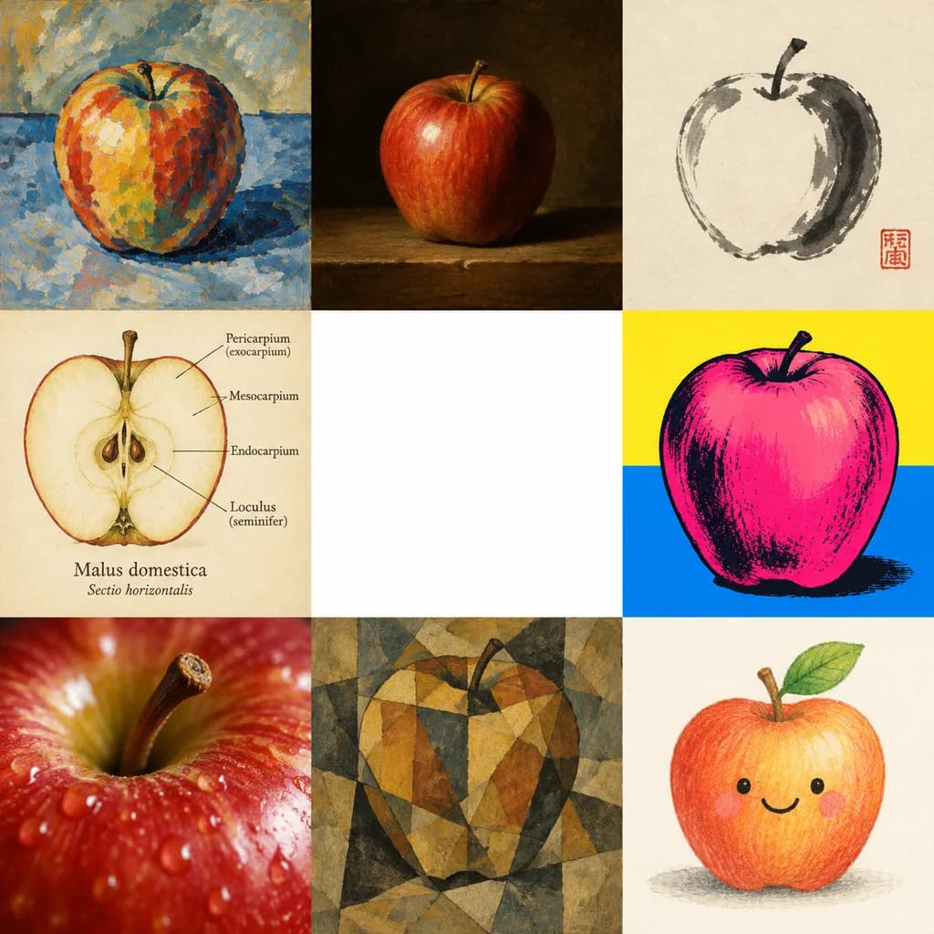 8つの画風で描くリンゴの比較グリッド