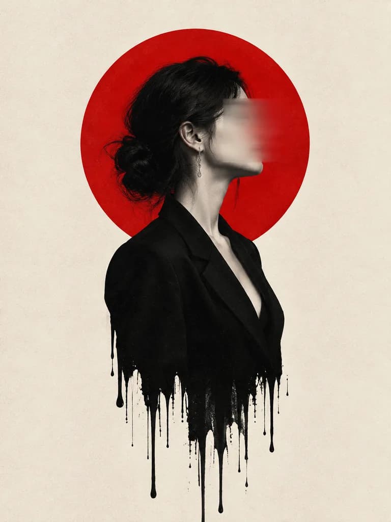 Noir Woman with Dripping Ink and Red Sun