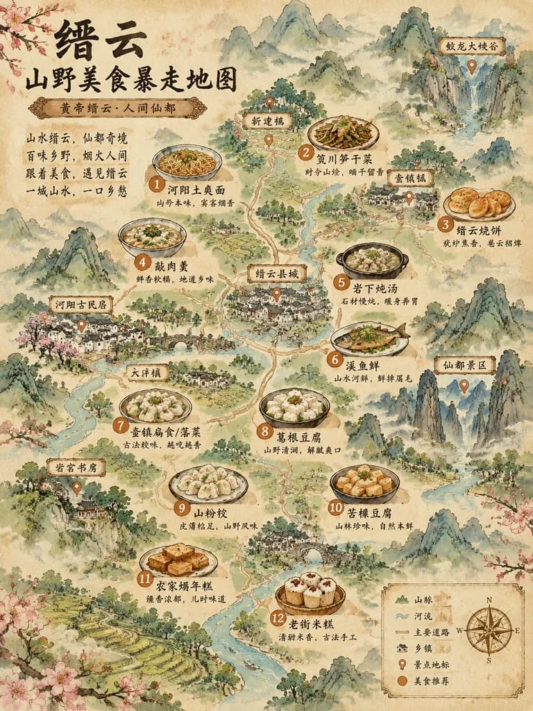 复古水墨风文旅美食地图海报