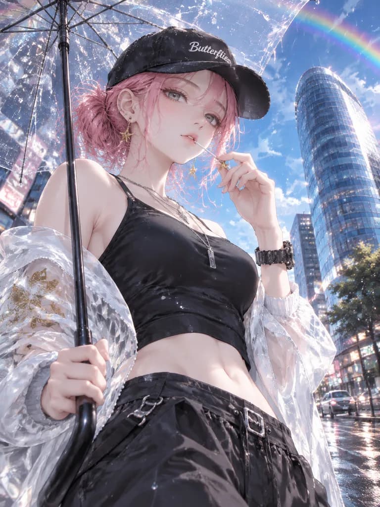 Anime Streetwear Girl Under Rain Umbrella